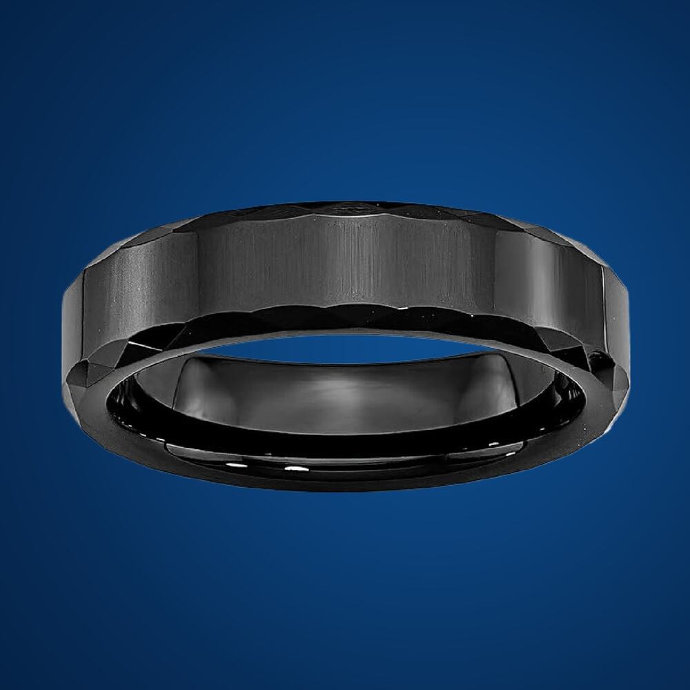Unisex Black Beveled Ceramic Band Ring Size 7 Modern Comfort Fit New in Box